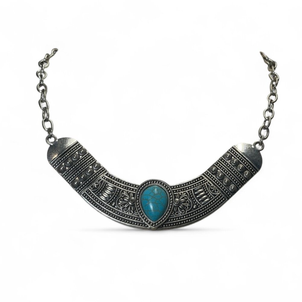 Boho Y2K Silver Tone Turquoise Colored Tribal Statement‎ Necklace Festival Vibes
